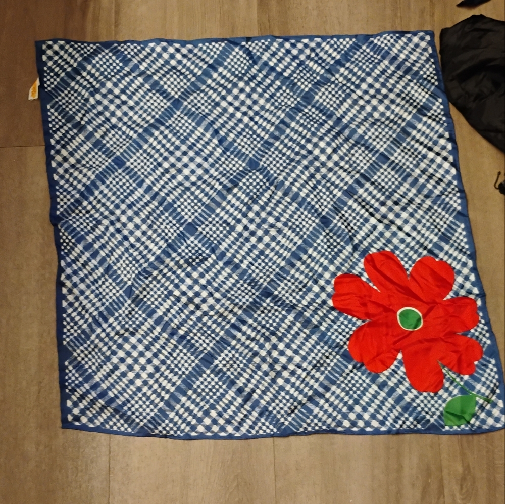 Vintage 1960s 1970s Grid Floral Print Acetate Scarf